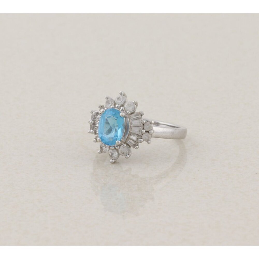 Sterling Silver Natural Blue Topaz and White Topaz Ring Ballerina Ring Size 7 - Picture 5 of 8